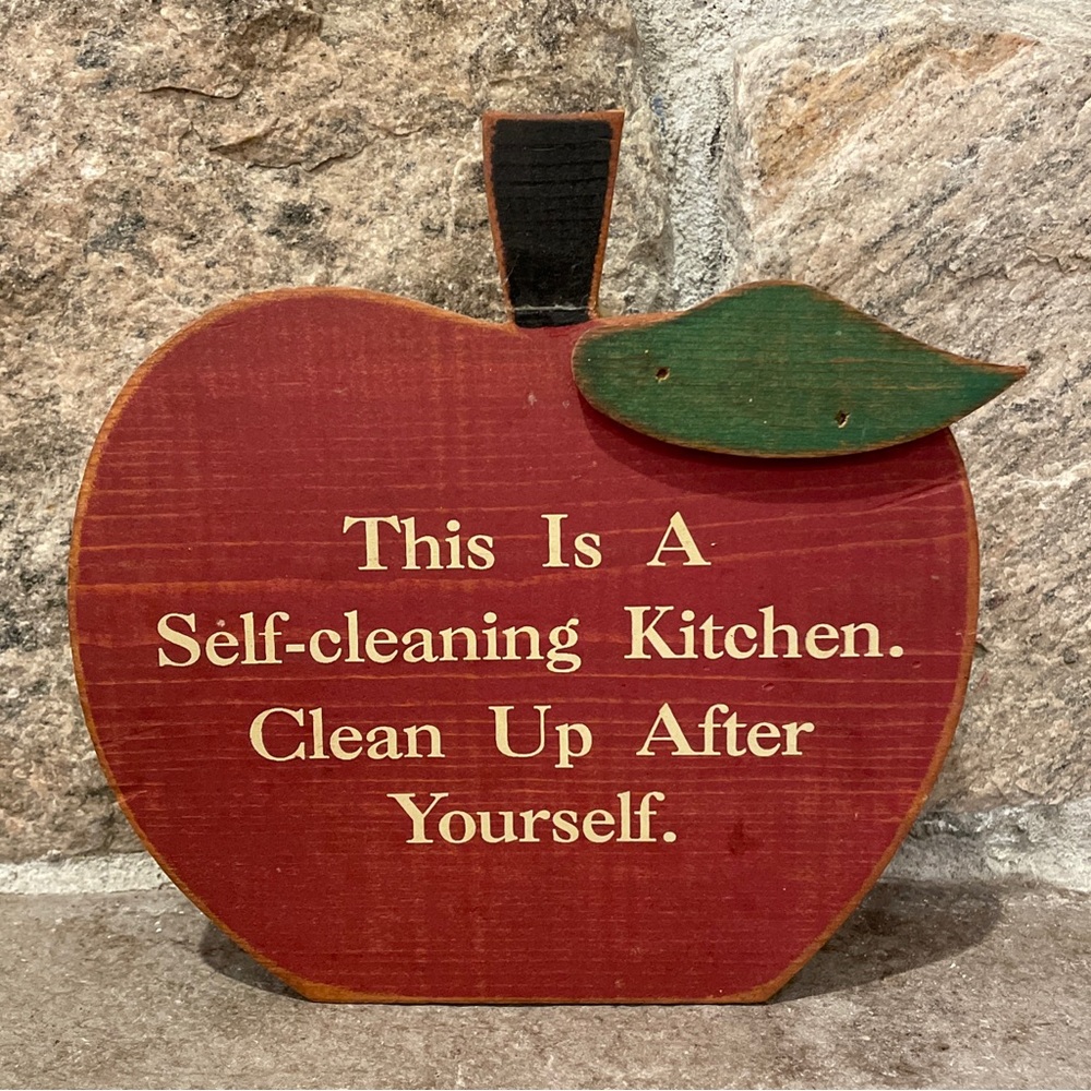 vintage kitchen wall shelf plaque This Is A Self Cleaning Kitchen Clean Up Apple